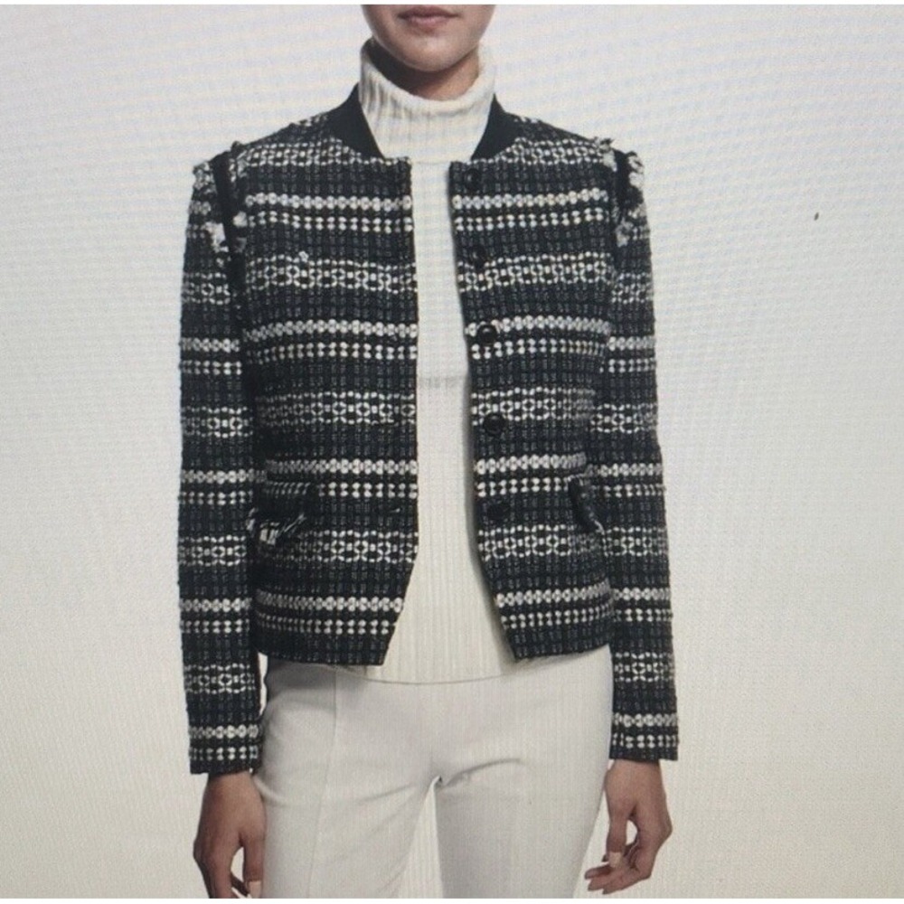 Tory‎ Burch Jacket Size 4 Norfolk Green White Striped Tweed Sequin Wool Blend